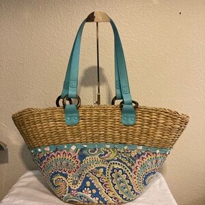 Vera Bradley Tan and Blue Paisley Tote/ woven tan body/ Straw Tote/Capri Blue/